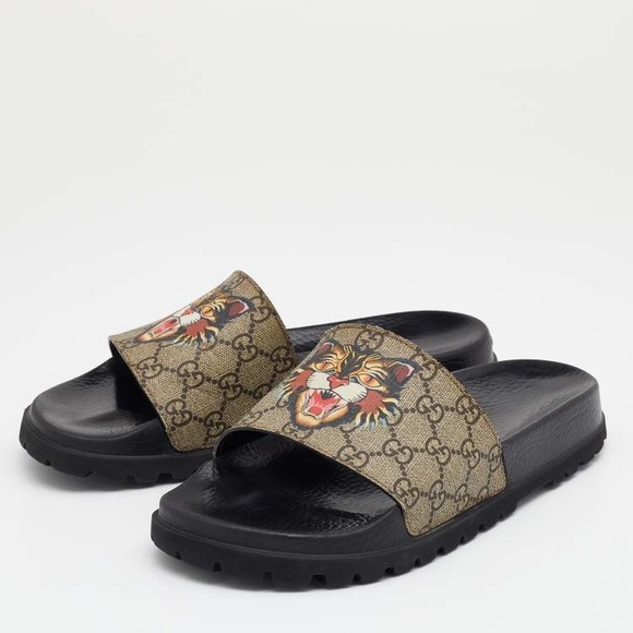 Gucci Other - Gucci Beige/Brown GG Supreme Canvas Tiger Print Flat Slides